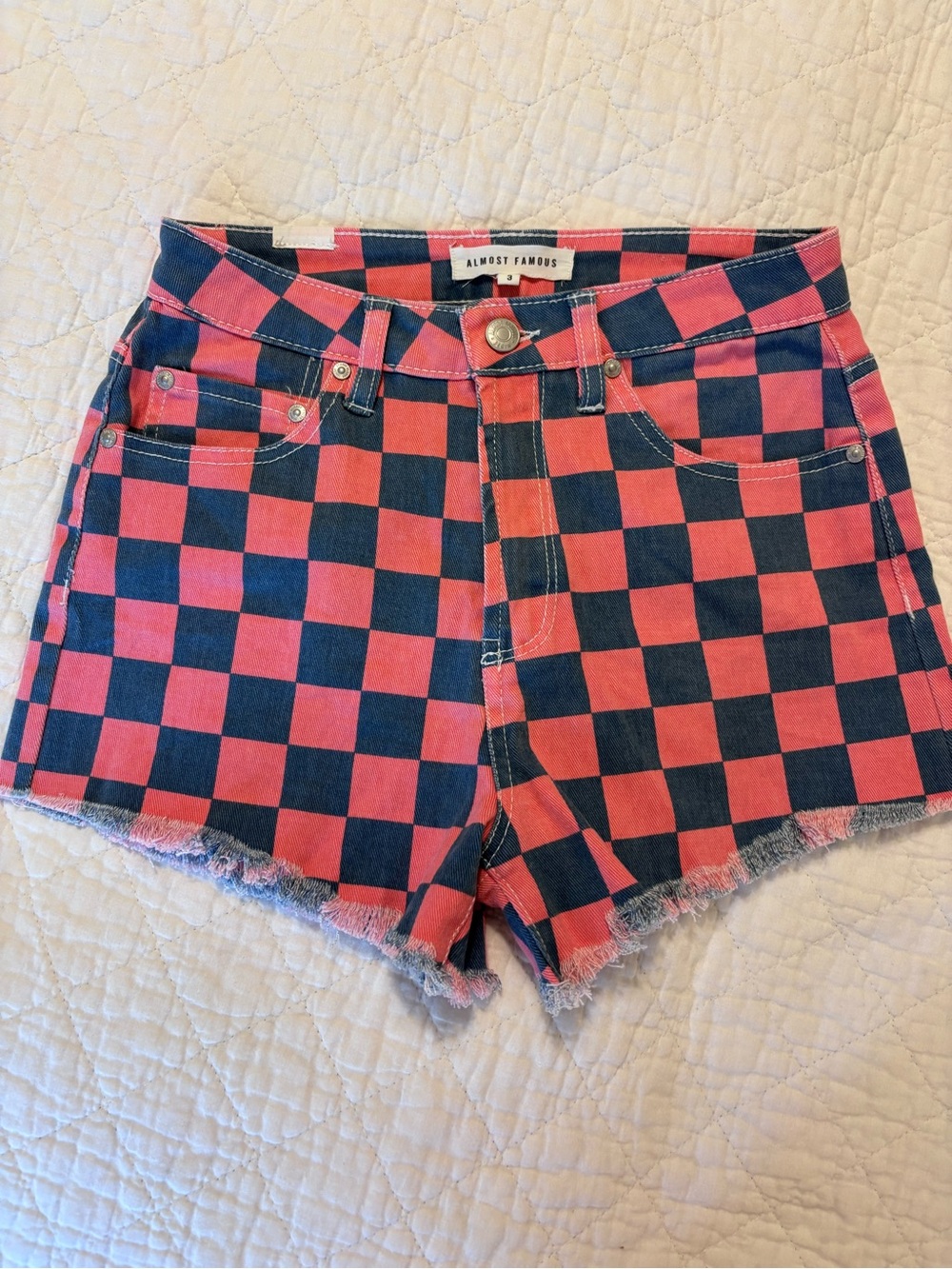 Almost Famous Red & Navy Checkerboard High-Rise Denim Shorts
